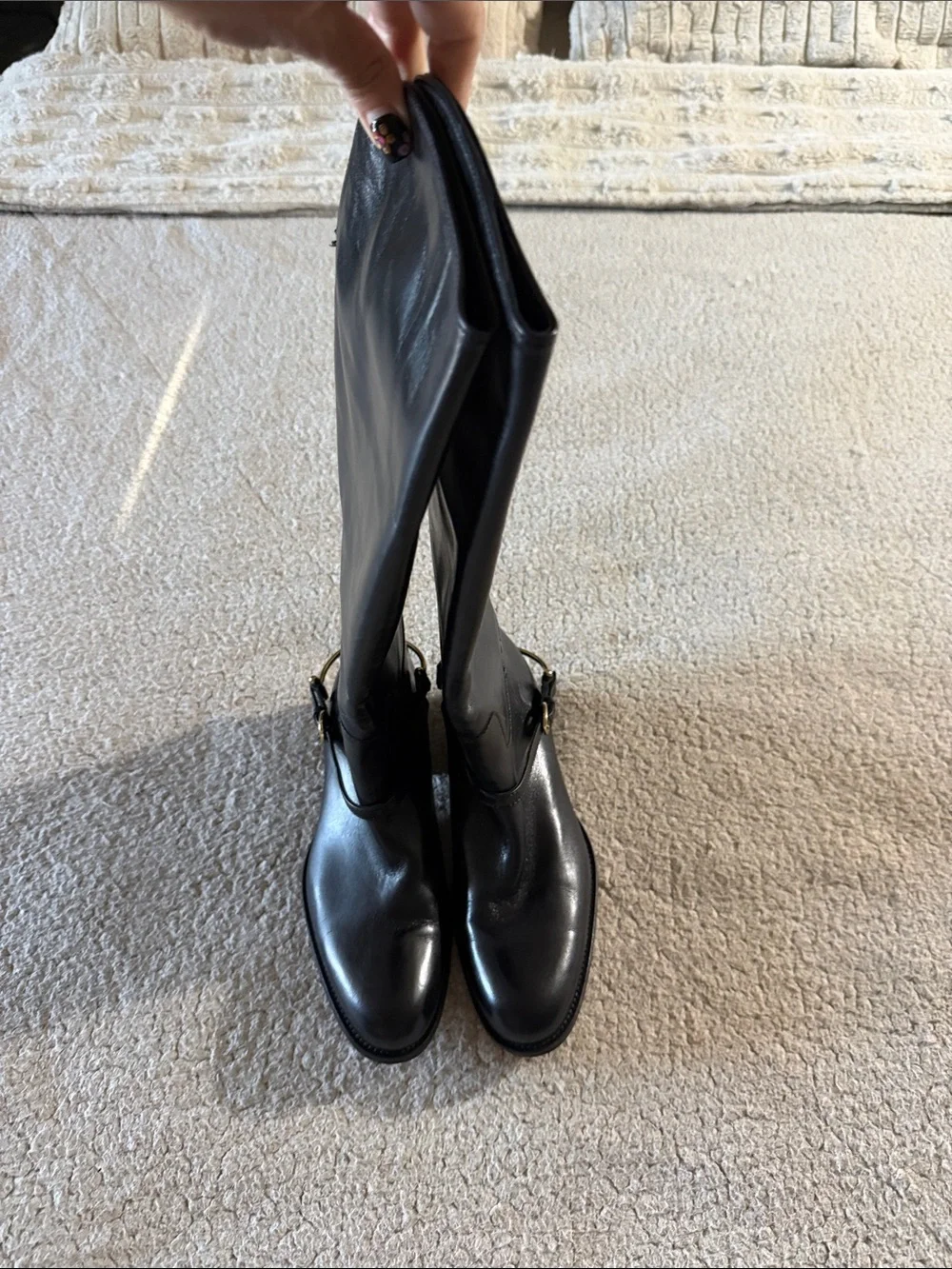Johnston & Murphy Sari Black Leather Riding Boots with Gold Buckle 7.5